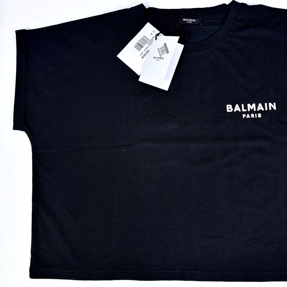 Balmain Cropped Eco-Designed Cotton T-Shirt Tee Flocked Logo Black XL NWT - Picture 14 of 14